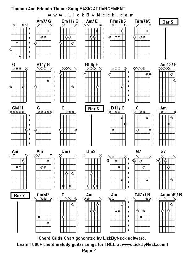 Chord Grids Chart of chord melody fingerstyle guitar song-Thomas And Friends Theme Song-BASIC ARRANGEMENT,generated by LickByNeck software.